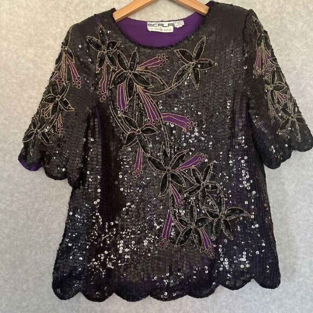 Scala Vintage Short Sleeve Sequin Beaded 100% Silk‎ black Floral Blouse Top S